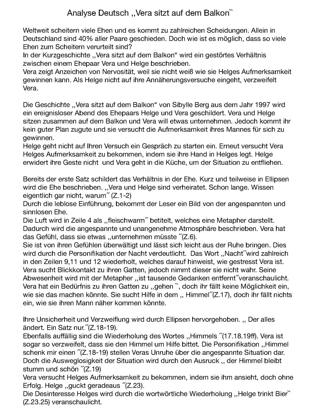Analyse der Kurzgeschichte “Vera sitzt auf dem Balkon”