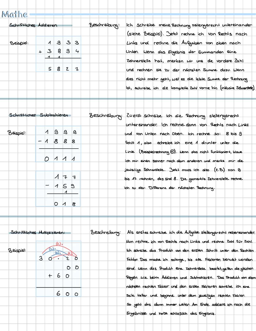 Schriftlich addieren/ subtrahieren/ multiplizieren