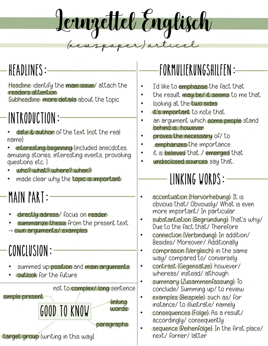 # Lernzettel Englisch
(newspaper) articel
-HEADLINES:
Headline identify the main issue/ attach the
readers attention
Subheadline: more deta