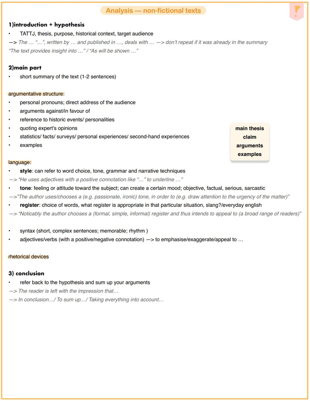 1)introduction + hypothesis
Analysis-non-fictional texts
.
TATTJ, thesis, purpose, historical context, target audience
-> The... "...", writ