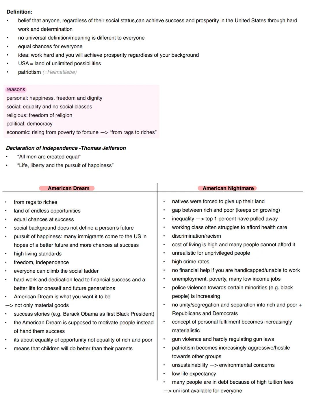American Dream Lernzettel - definition, dream vs nightmare, migration to the us