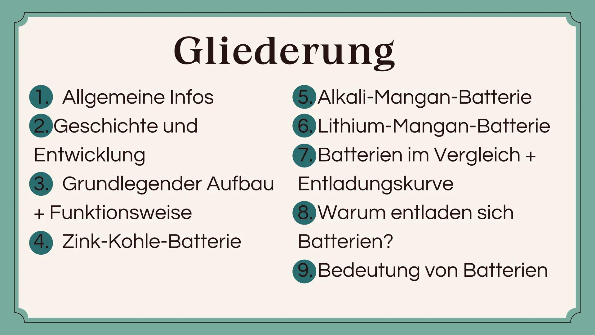 # PRIMÄRELEMENTE
-BATTERIEN-
Hannah Bachmann Gliederung
1. Allgemeine Infos
2. Geschichte und
Entwicklung
3. Grundlegender Aufbau
+