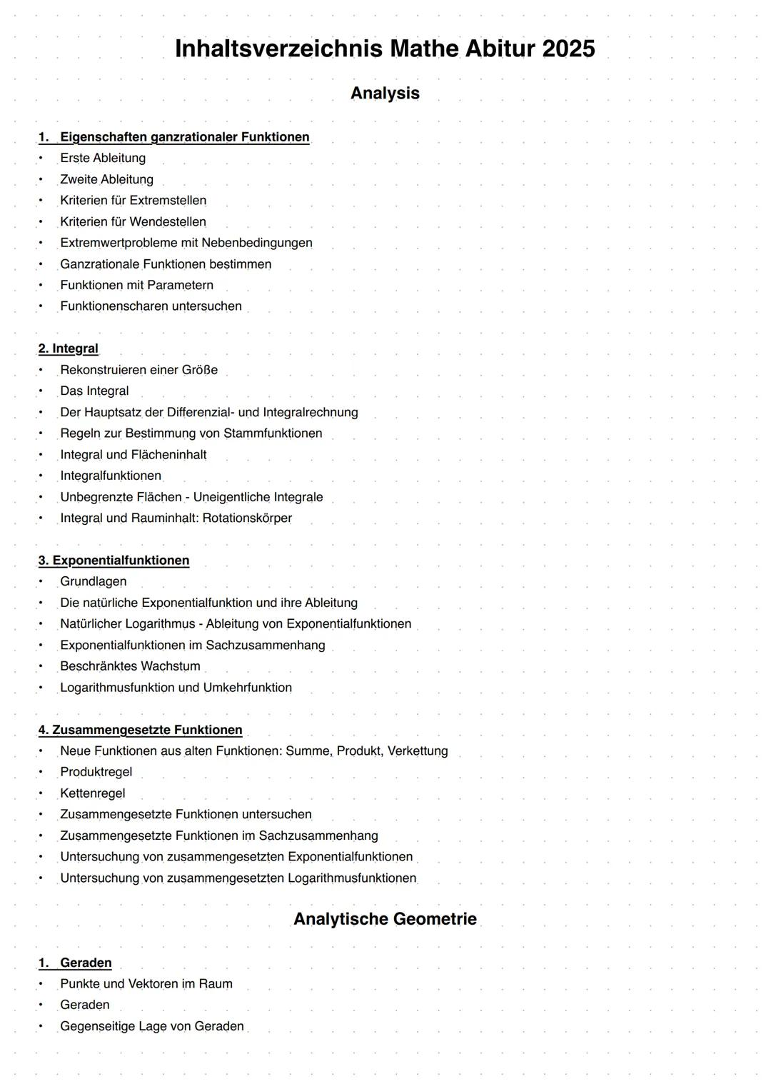 Inhaltsverzeichnis Mathe Abitur 2025
1. Eigenschaften ganzrationaler Funktionen
Erste Ableitung
Zweite Ableitung
Kriterien für Extremstellen