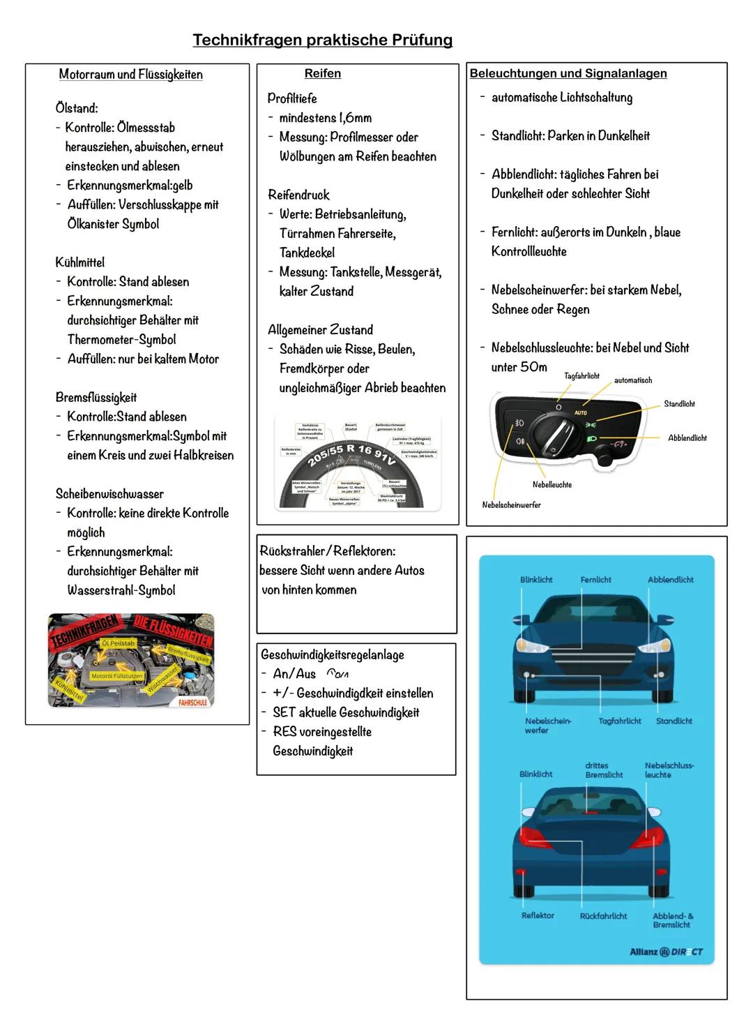 # Technikfragen praktische Prüfung
Motorraum und Flüssigkeiten
Ölstand:
- Kontrolle: Ölmessstab
herausziehen, abwischen, erneut
einstecken