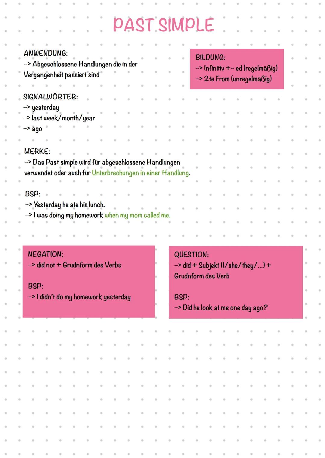 ANWENDUNG:
PAST CONTINUOUS
BILDUNG:
-> Längere Handlungen in der Vergangenheit
was/were + verb + ing
-> Handlungen die gleichzeitig passiere