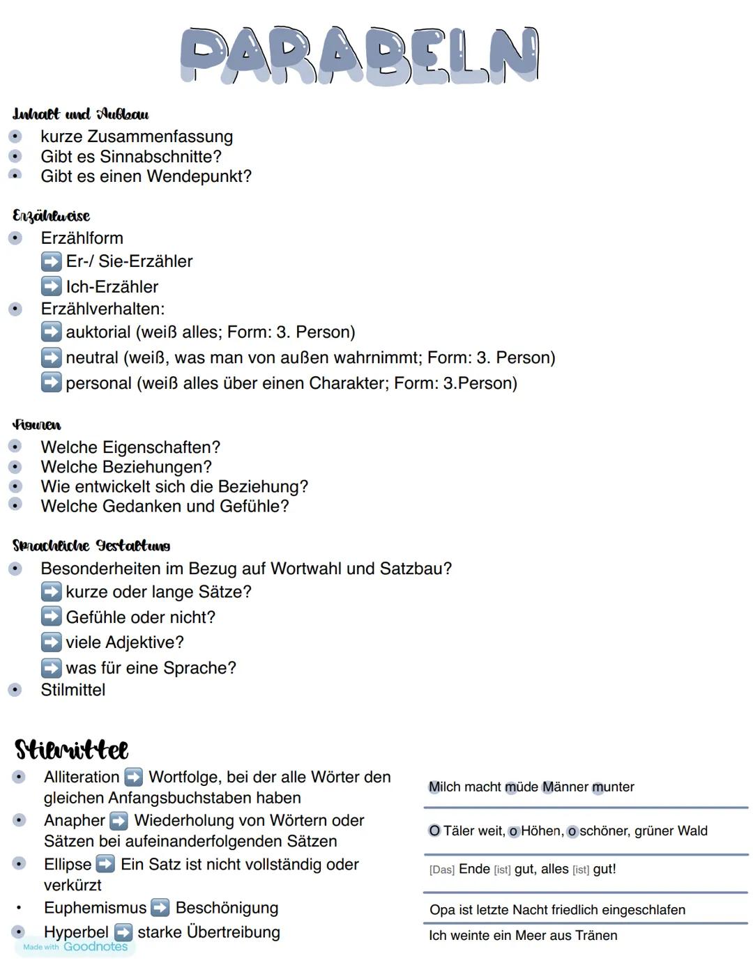 PARABELN
Inhalt und Aubleau
kurze Zusammenfassung
Gibt es Sinnabschnitte?
Gibt es einen Wendepunkt?
Enzählweise
Erzählform
➡Er-/ Sie-Erzähle