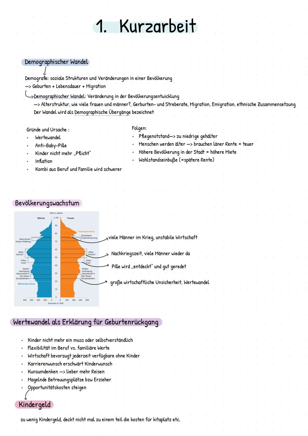 1. Kurzarbeit
Demographischer Wandel
Demografie: soziale Strukturen und Veränderungen in einer Bevölkerung
-> Geburten + Lebensdauer + Migra