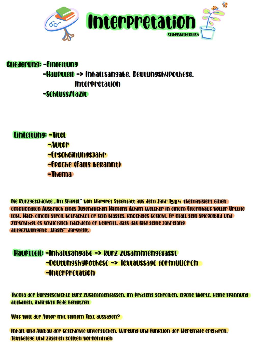 60
Interpretation
StudyWithLouisa
Gliederung: -Einleitung
-Hauptteil -> Inhaltsangabe. Deutungshypothese.
Interpretation
-Schluss/Fazit
Einl
