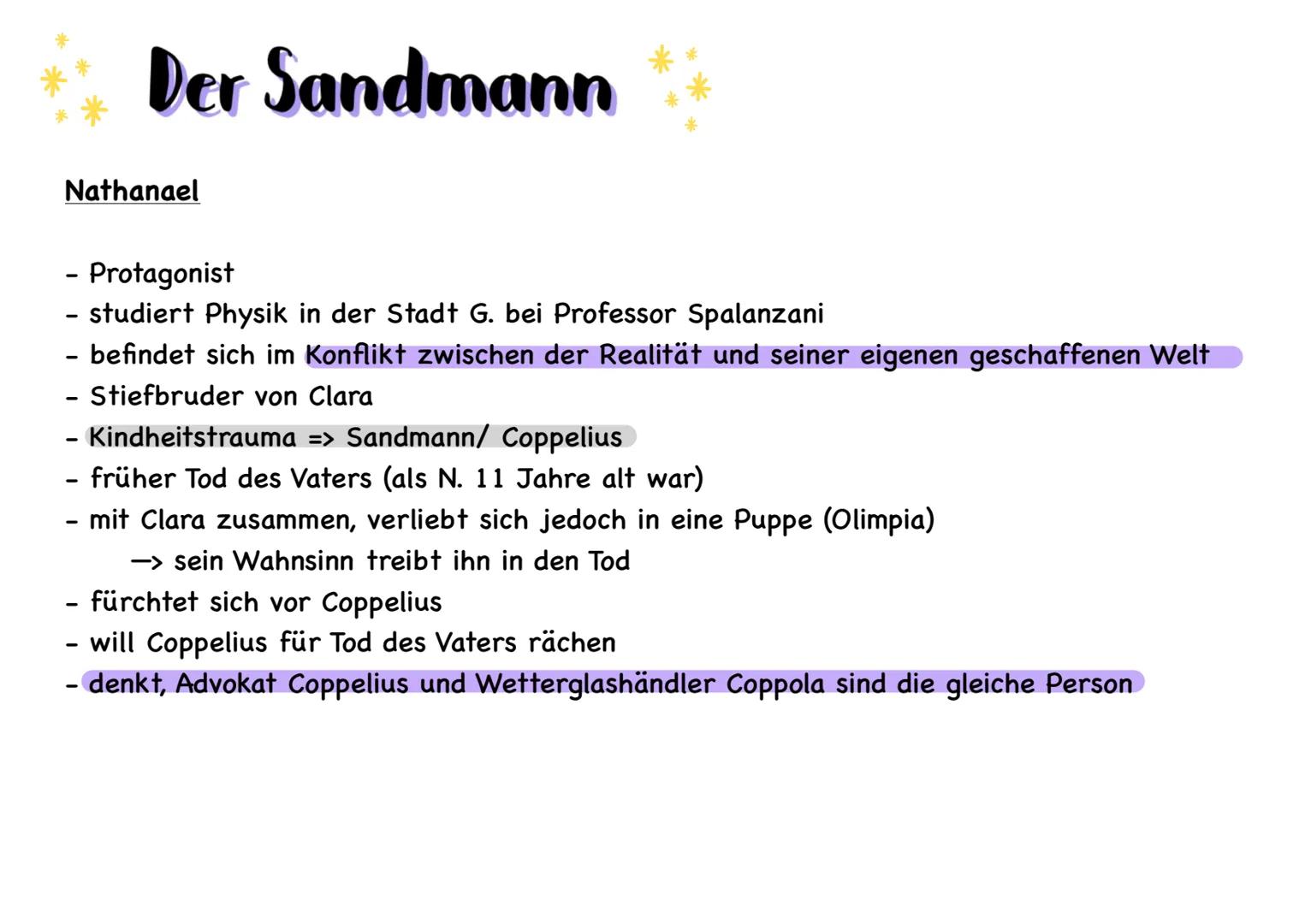 # Der Sandmann
Allgemeines:
Autor: E.T.A. Hoffmann (Ernst Theodor Amadeus Hoffmann)
Erscheinungsjahr: 1816
Textsorte: Erzählung => Novelle