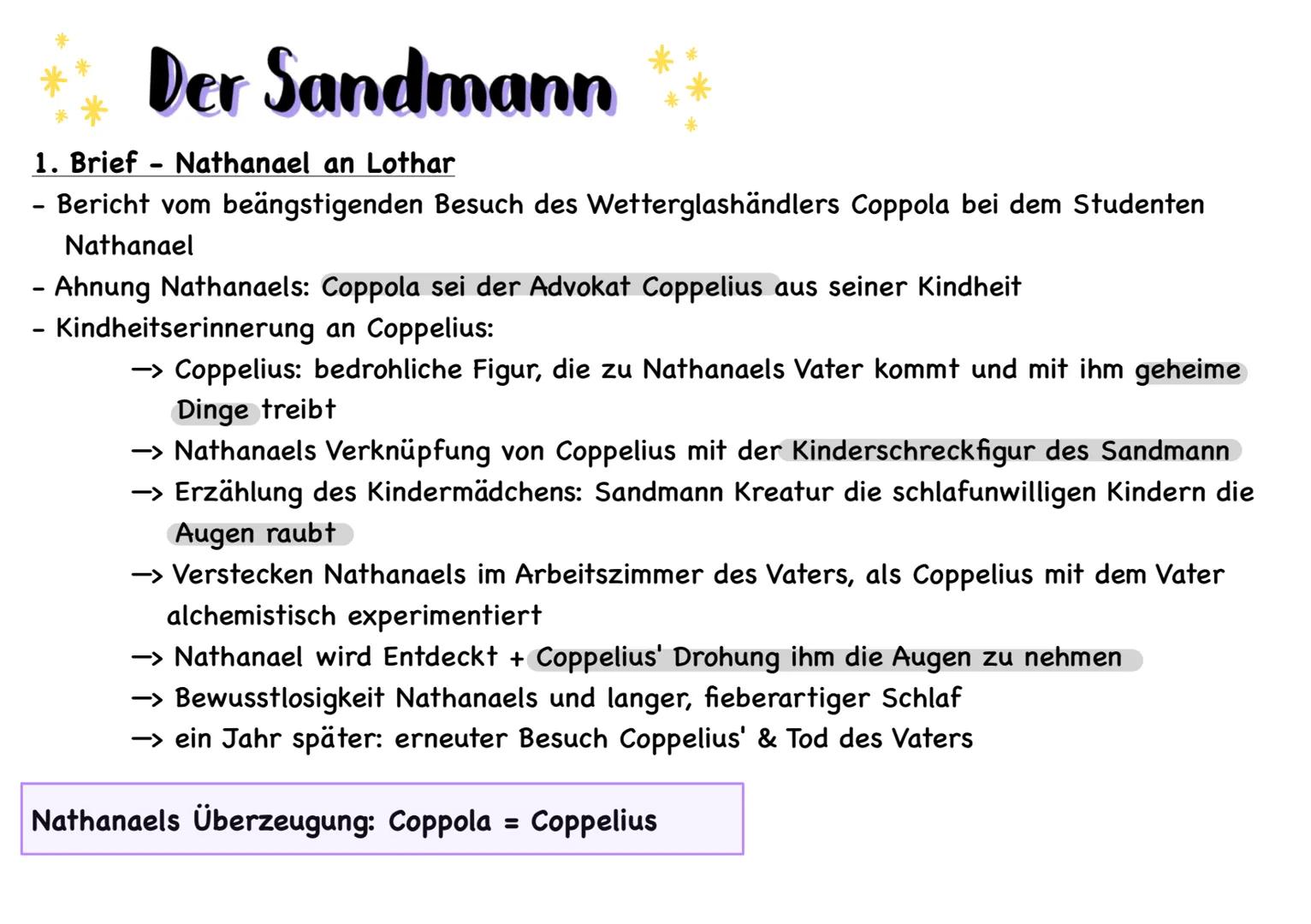 # Der Sandmann
Allgemeines:
Autor: E.T.A. Hoffmann (Ernst Theodor Amadeus Hoffmann)
Erscheinungsjahr: 1816
Textsorte: Erzählung => Novelle