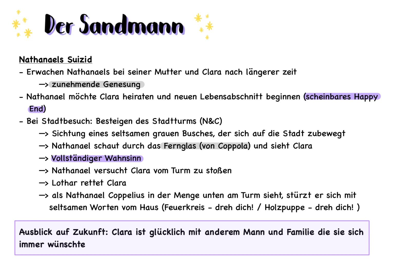 # Der Sandmann
Allgemeines:
Autor: E.T.A. Hoffmann (Ernst Theodor Amadeus Hoffmann)
Erscheinungsjahr: 1816
Textsorte: Erzählung => Novelle