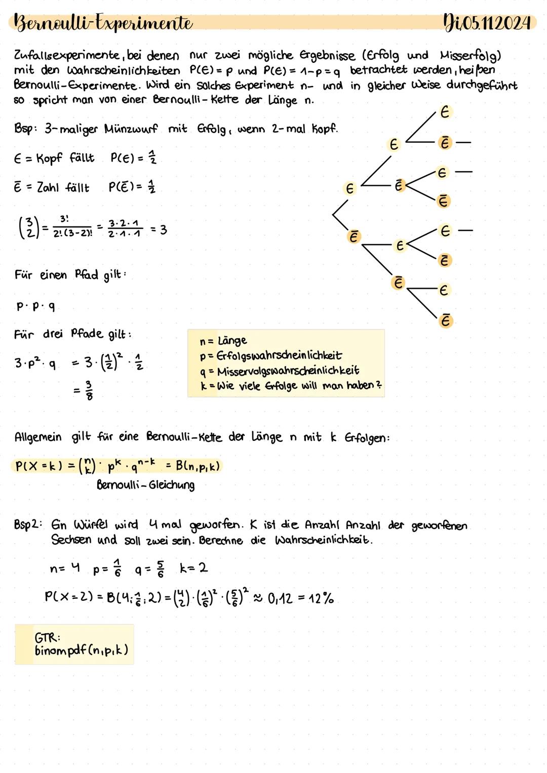 # Bernoulli-Experimente
Di 05.112024
Zufallsexperimente, bei denen nur zwei mögliche Ergebnisse (Erfolg und Misserfolg)
mit den Wahrschein