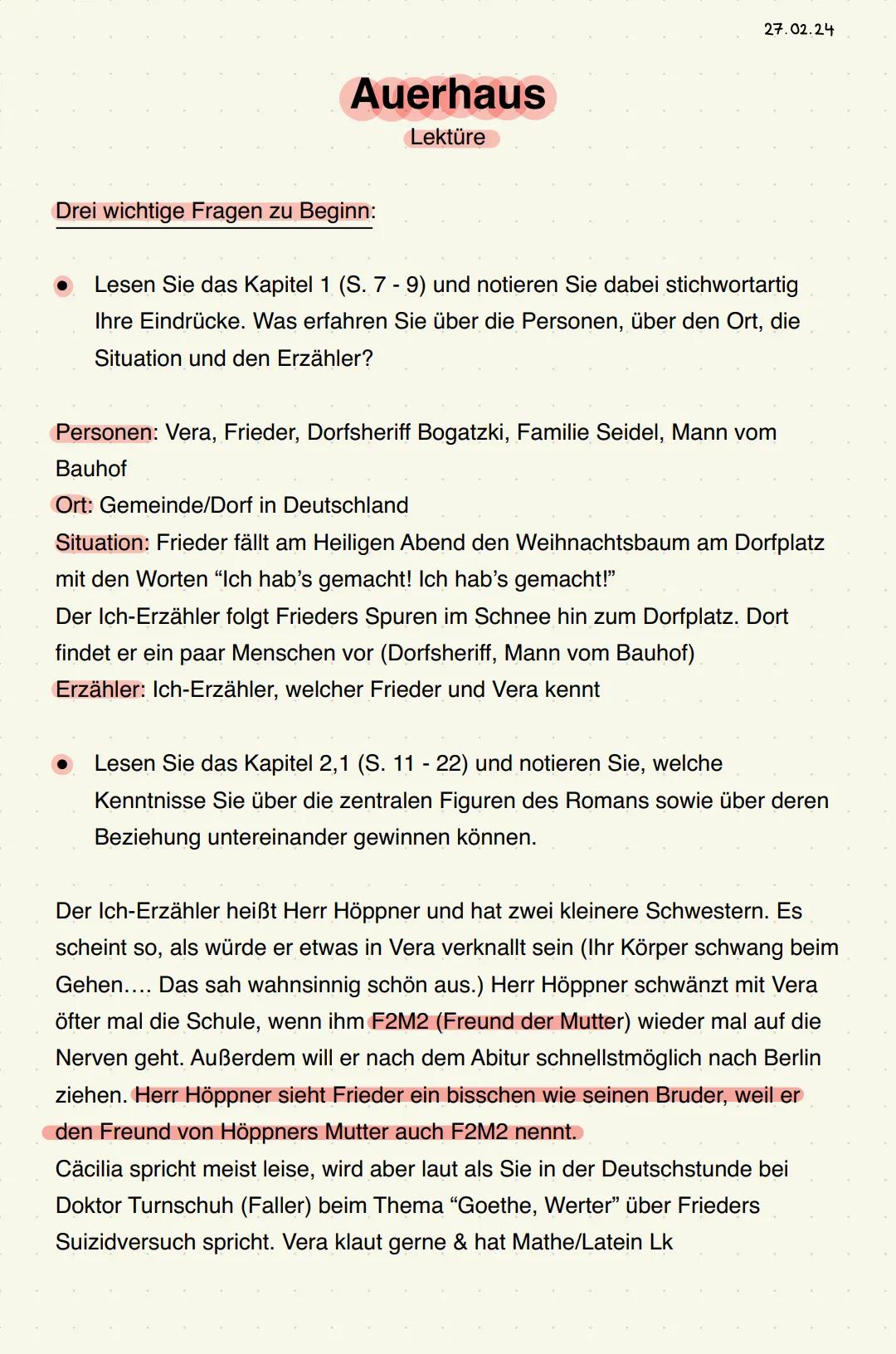 Auerhaus
Lektüre
27.02.24
Drei wichtige Fragen zu Beginn:
Lesen Sie das Kapitel 1 (S. 7 - 9) und notieren Sie dabei stichwortartig
Ihre Eind