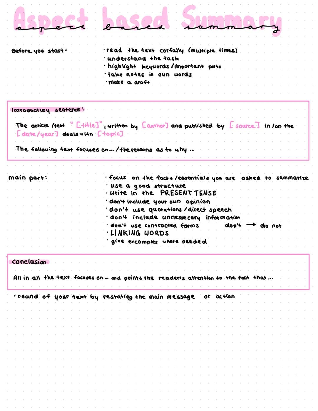Aspect eased Summary
Before you start:
· read the text carfully (multiple times)
· understand the task
•highlight keywords /important parts