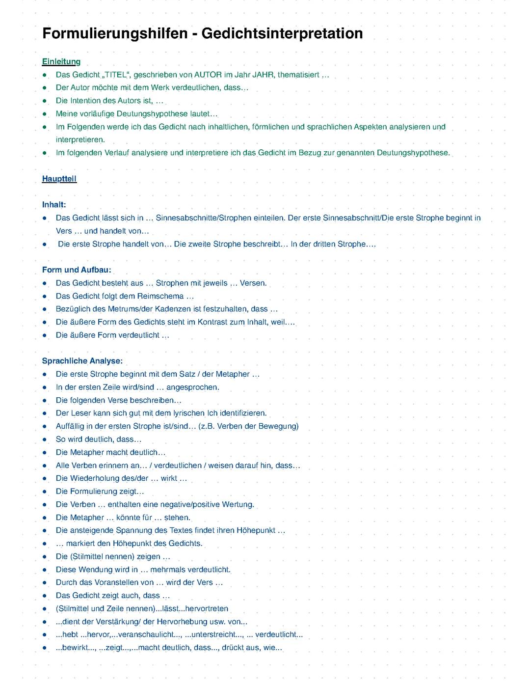 Formulierungshilfen - Gedichtsinterpretation