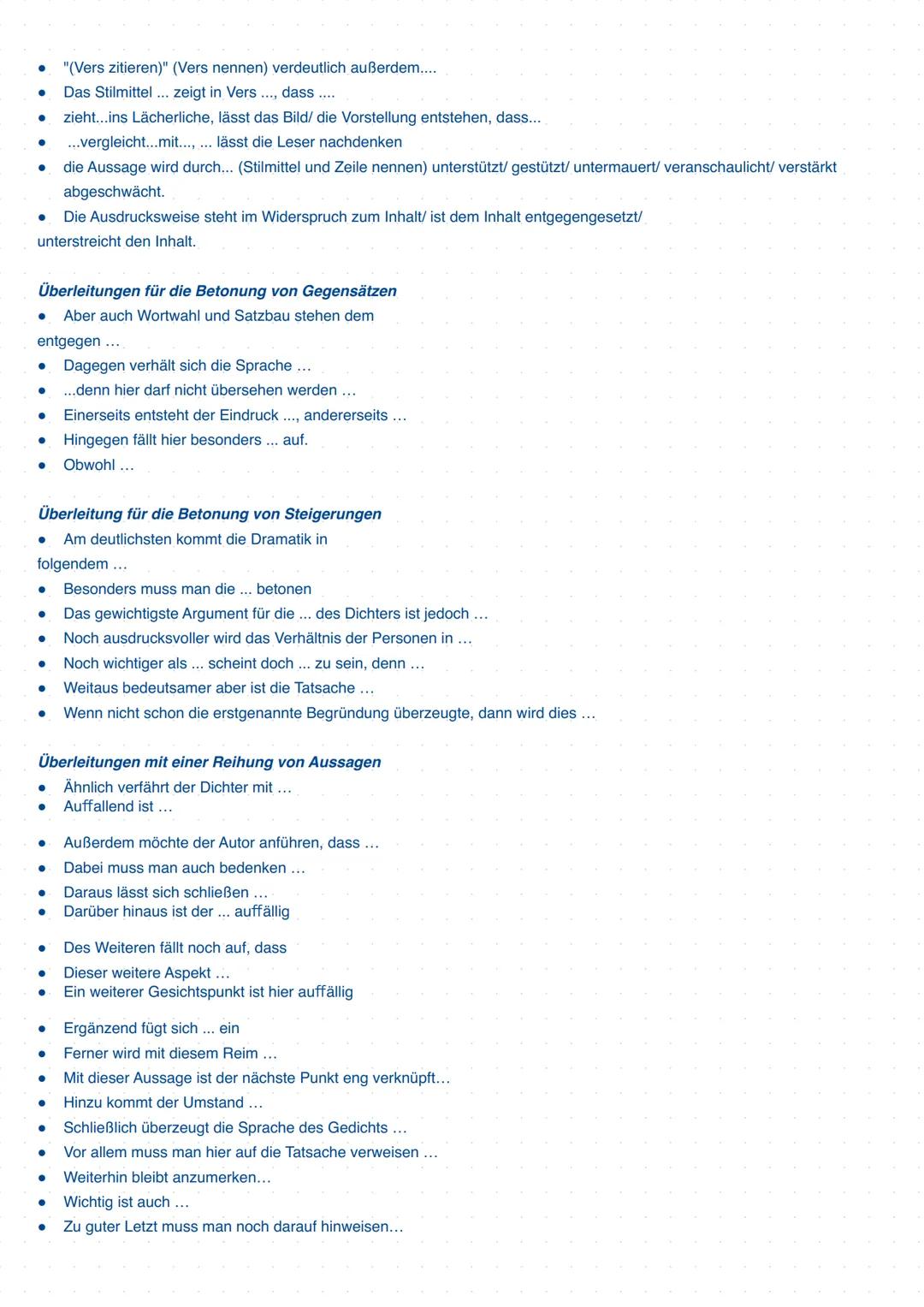 Formulierungshilfen - Gedichtsinterpretation
Einleitung
Das Gedicht,,TITEL", geschrieben von AUTOR im Jahr JAHR, thematisiert...
Der Autor m