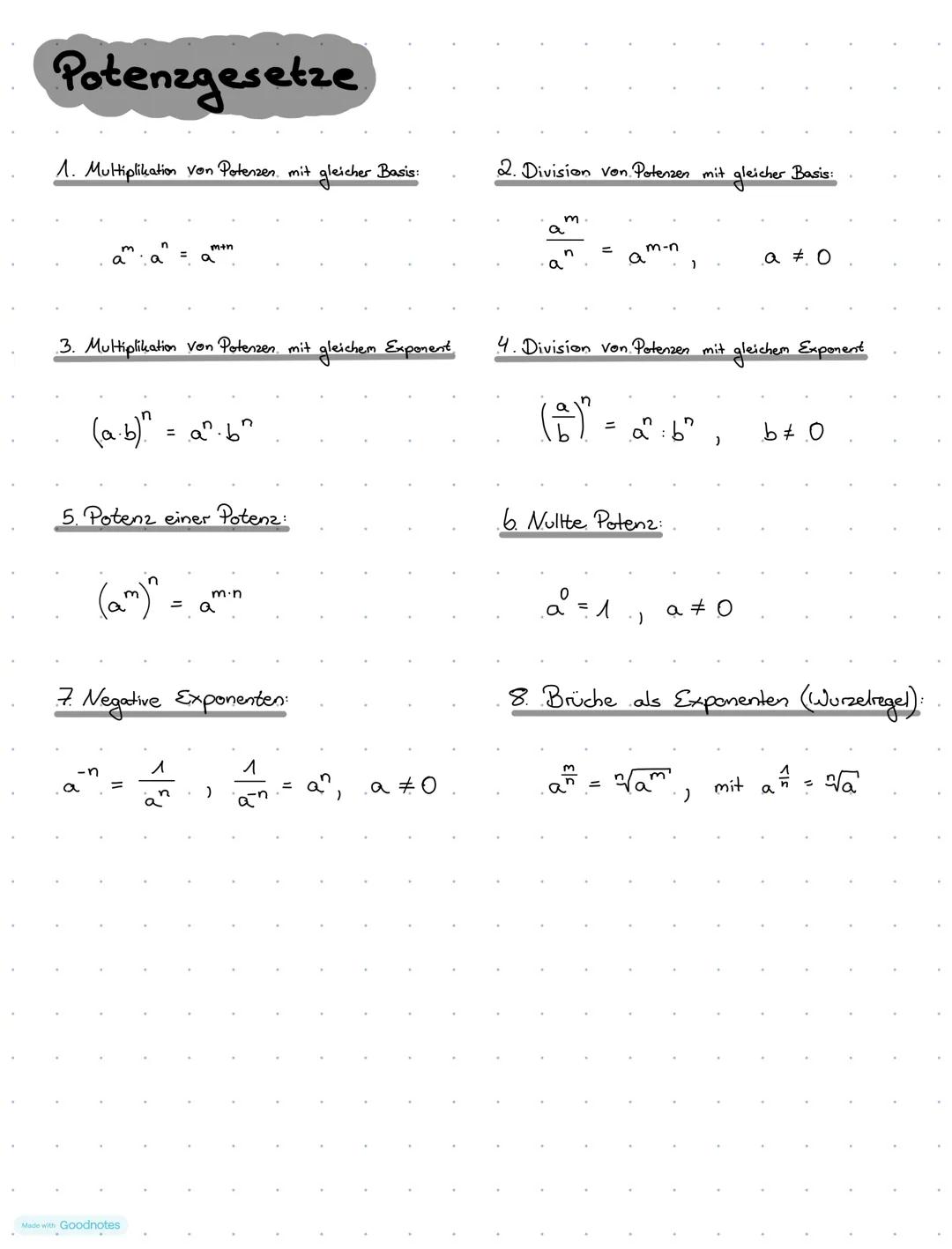 Potenzgesetze
1. Multiplikation von Potenzen mit gleicher Basis:
2. Division von. Potenzen mit gleicher Basis:
m-n
.a ± 0
3. Multiplikation