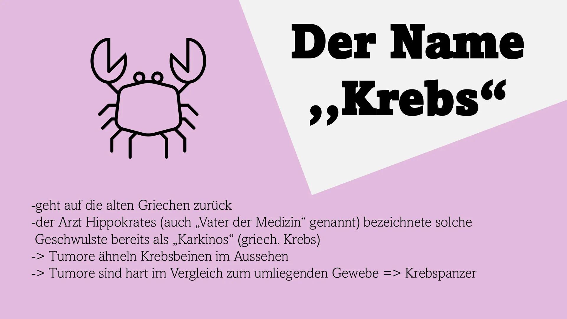 KREBS Gliederung
1. Was ist „Krebs“ und woher kommt der Name Krebs?
2. Welche Varianten von Krebs gibt es?
3. Was sind Tumoren/ Metastasen?