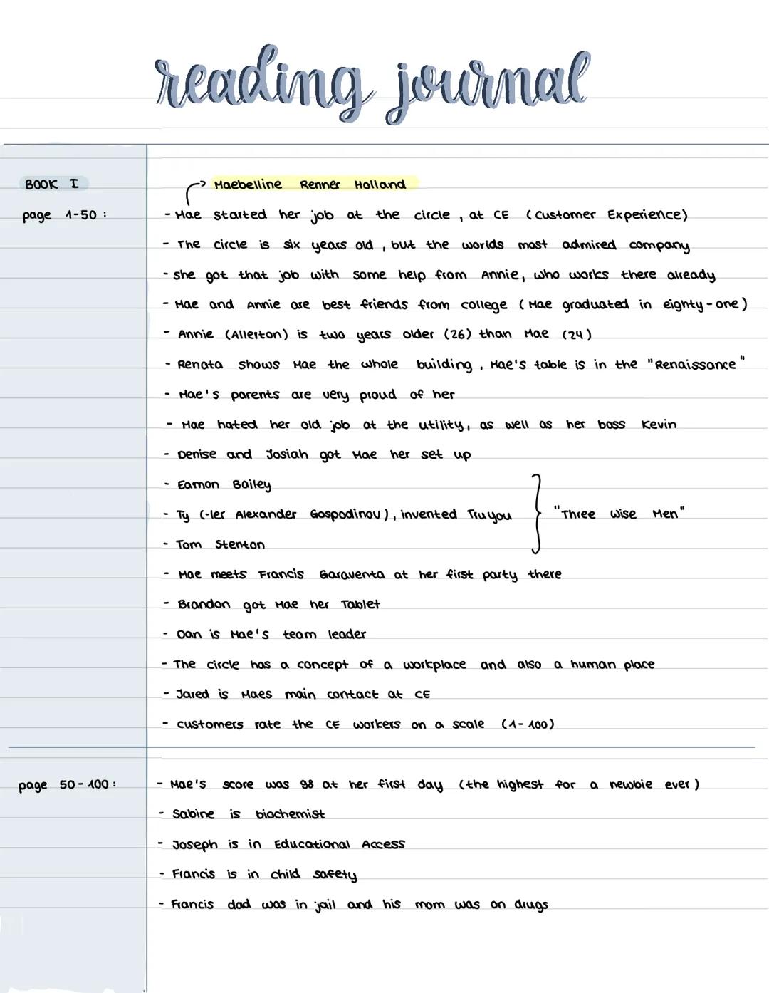 # reading journal
BOOK I
page 1-50:
-> Haebelline Renner Holland
- Hae Started her job at the circle, at CE (Customer Experience)
- The
