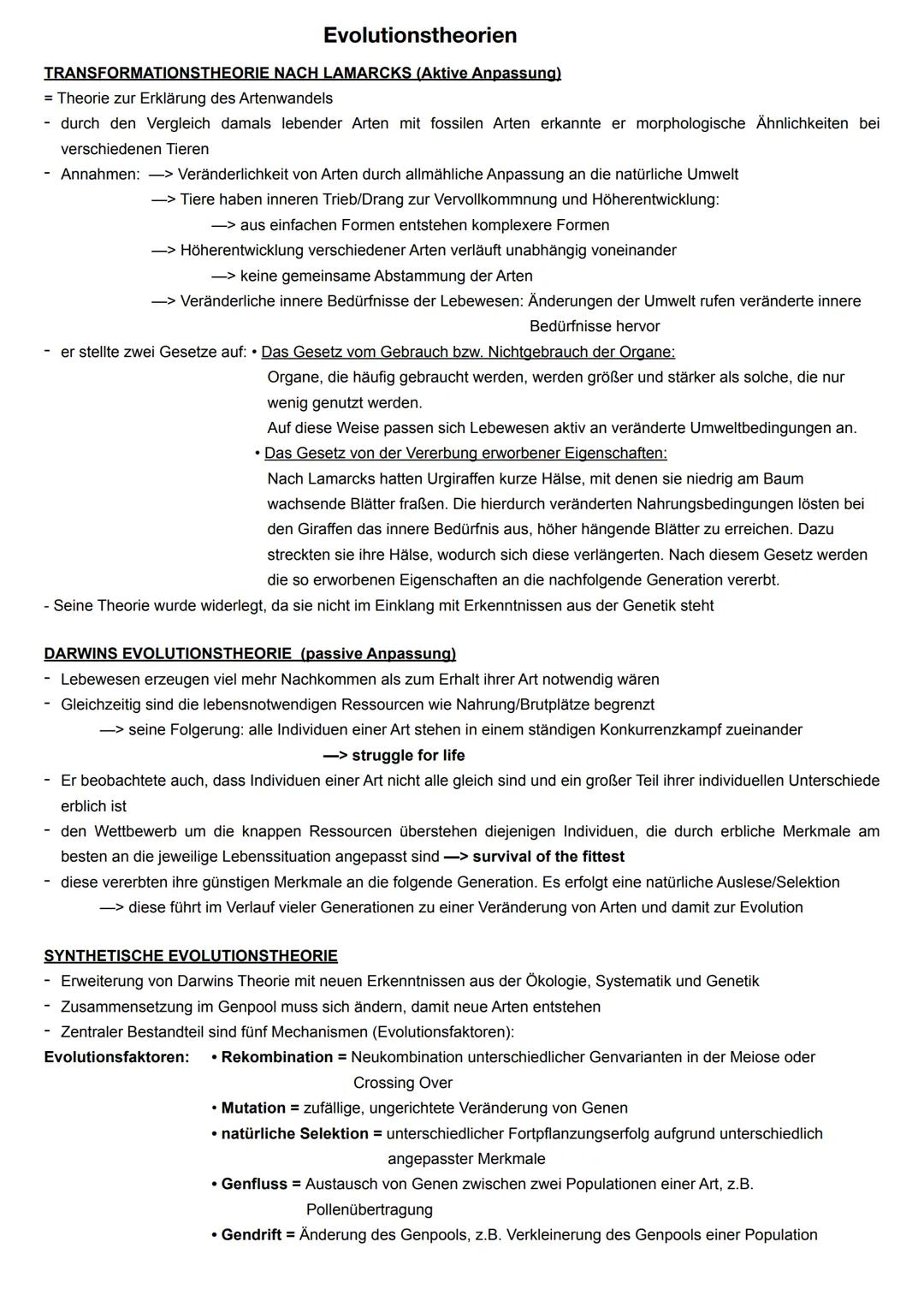 Evolutionstheorien
TRANSFORMATIONSTHEORIE NACH LAMARCKS (Aktive Anpassung)
= Theorie zur Erklärung des Artenwandels
durch den Vergleich dama