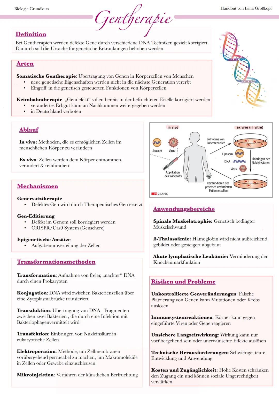 Biologie Grundkurs
Definition
Gentherapie
Bei Gentherapien werden defekte Gene durch verschiedene DNA Techniken gezielt korrigiert.
Dadurch