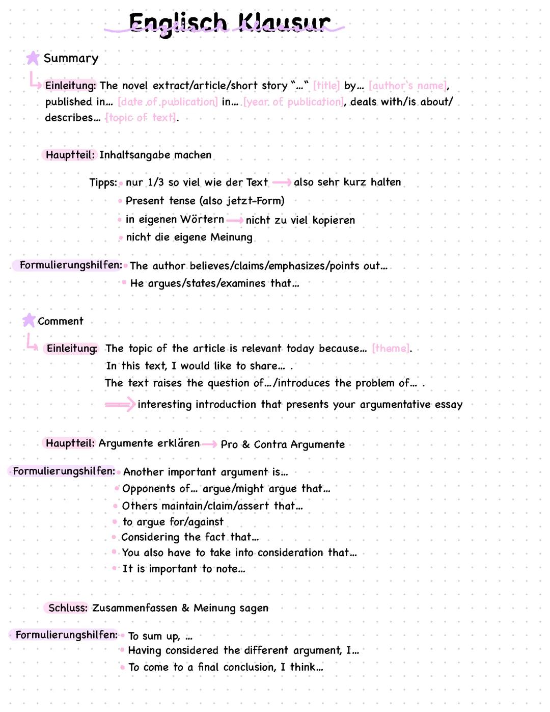 Summary & Comment schreiben Englisch Klausur