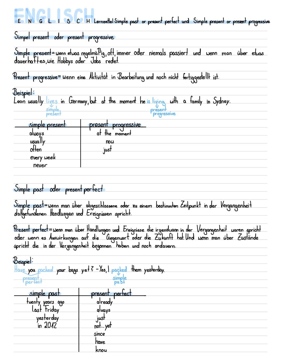 ENGLISCH
SCH Lernzettel Simple past or present perfect und Simple present or present progressive
Simpel present oder present progressive
Sim