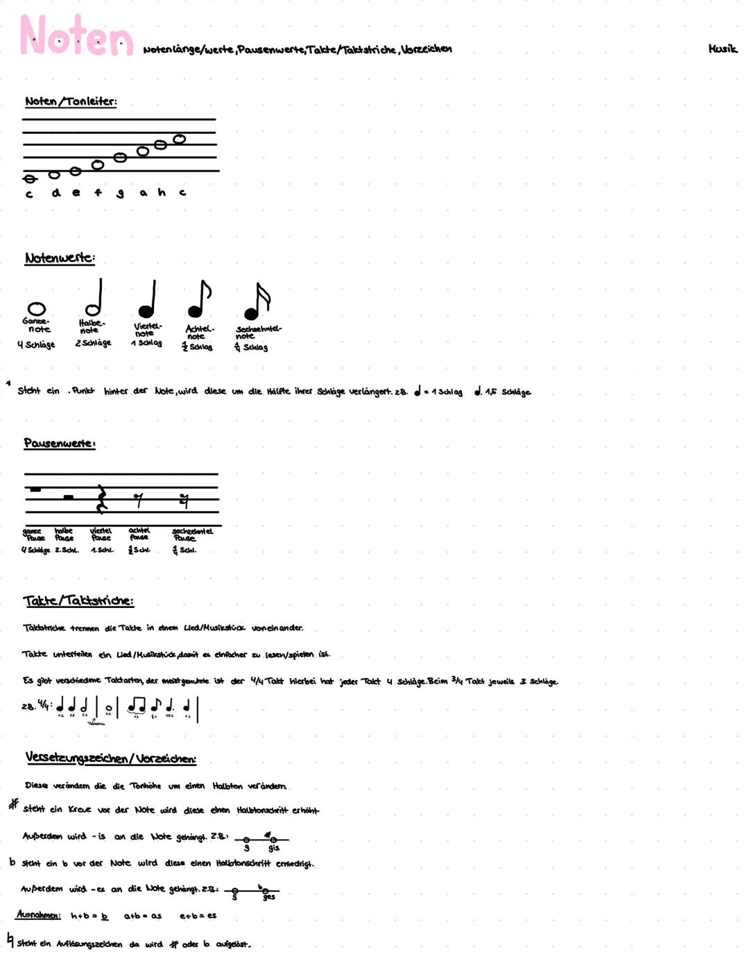 *
Noten
Noten lange/werte, Pausenwerte, Takte/Taktstriche, Vorzeichen
Musik
Noten/Tonleiter:
Notenwerte:
Ganze-
note
4 Schlage
h c
Halbe-
no