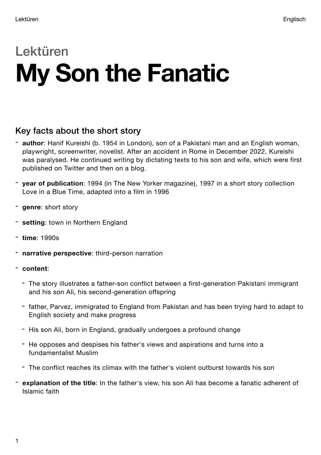 # Lektüren
# Lektüren
# My Son the Fanatic
Englisch
Key facts about the short story
- author: Hanif Kureishi (b. 1954 in London), son o