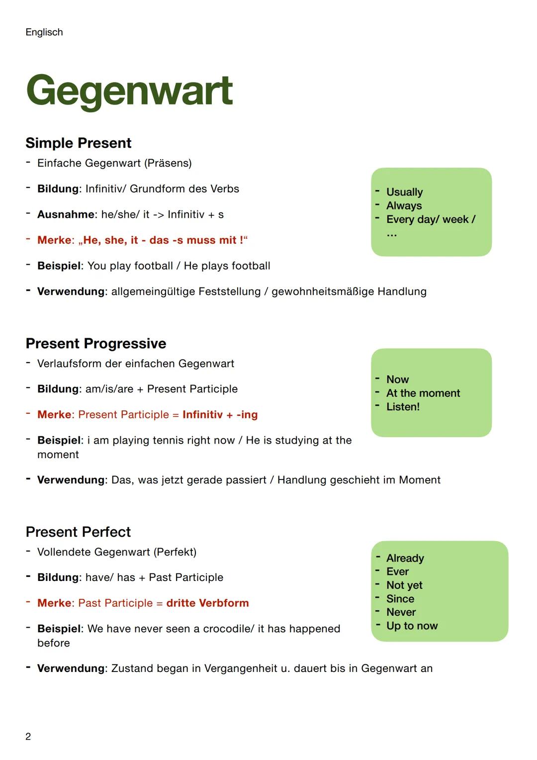 Englisch
Basics
Zeitformen
Gegenwart
- Simple Present
Present Progressive
- Present Perfect
- Present Perfect Progressive
Vergangenheit
- si