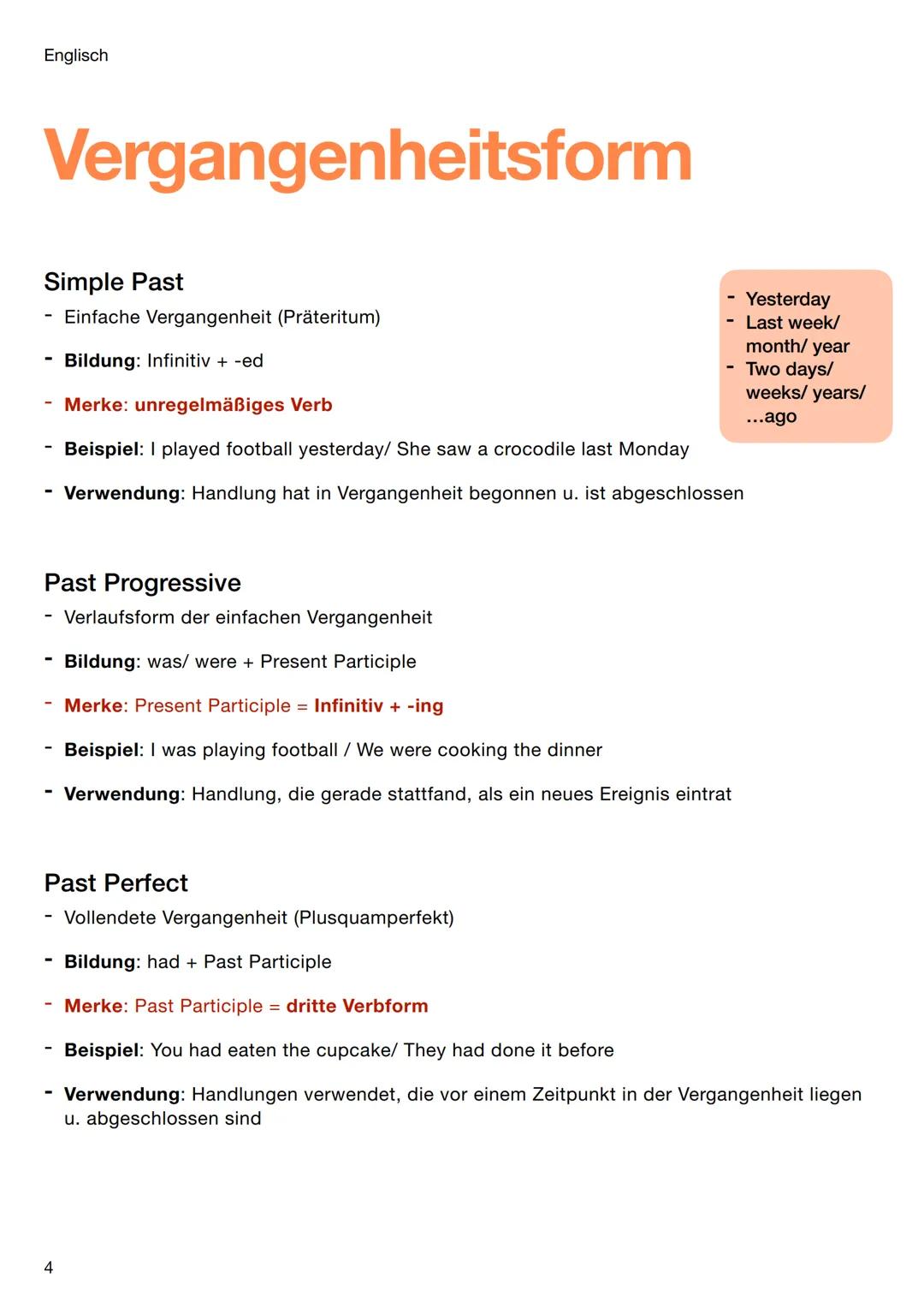 Englisch
Basics
Zeitformen
Gegenwart
- Simple Present
Present Progressive
- Present Perfect
- Present Perfect Progressive
Vergangenheit
- si
