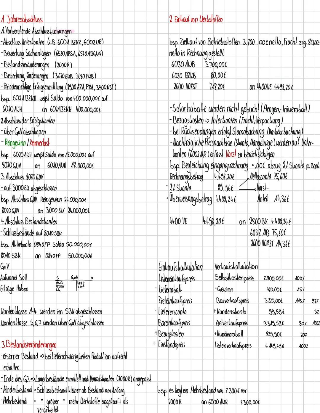 1 Jahresabschluss
A Vorberoende Abschlussbuchungen
-Abschluss Unterkonten (2.B.6001 BZUR, 6002 UR)
-Bewertung Sachanlagen (6520 ABSA, 6540 A