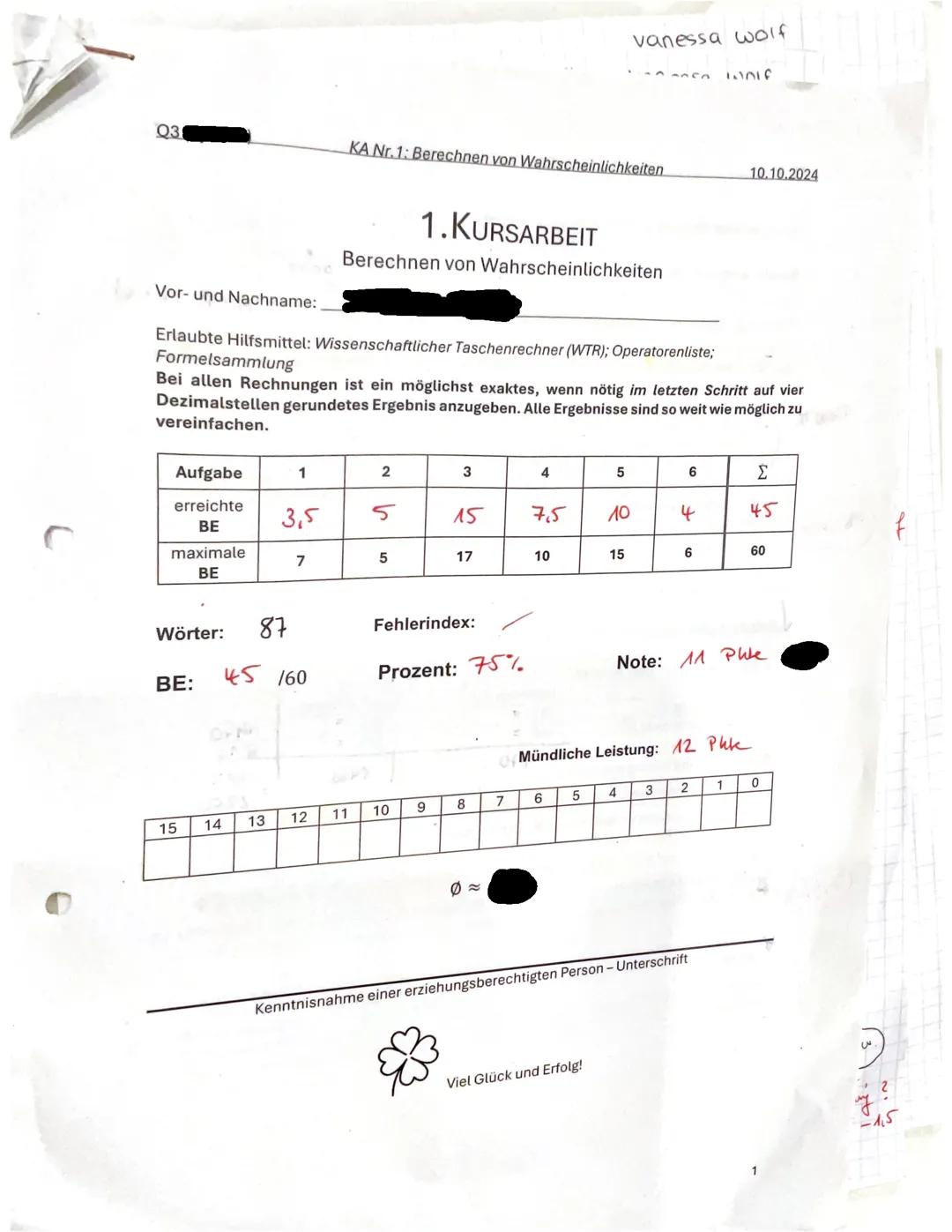 Q3 Mathematik Klausur 11P. Wahrscheinlichkeiten stochastik