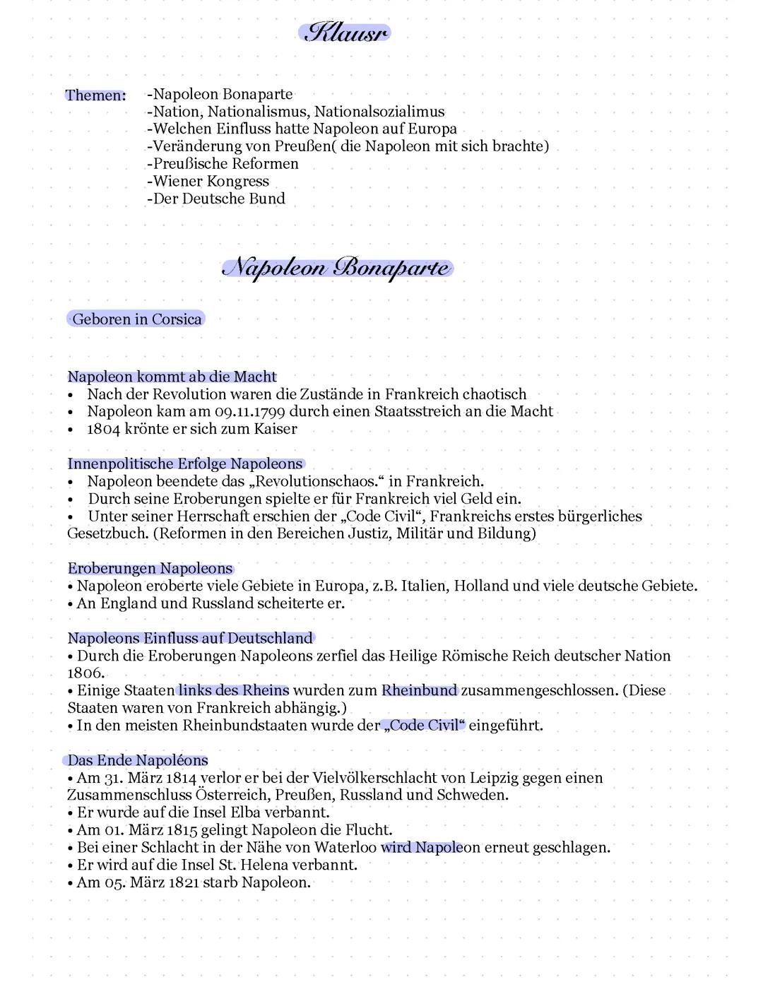 Geschichte: Napoleon, Wiener Kongress, Deutscher Bund und Preußische Reformen