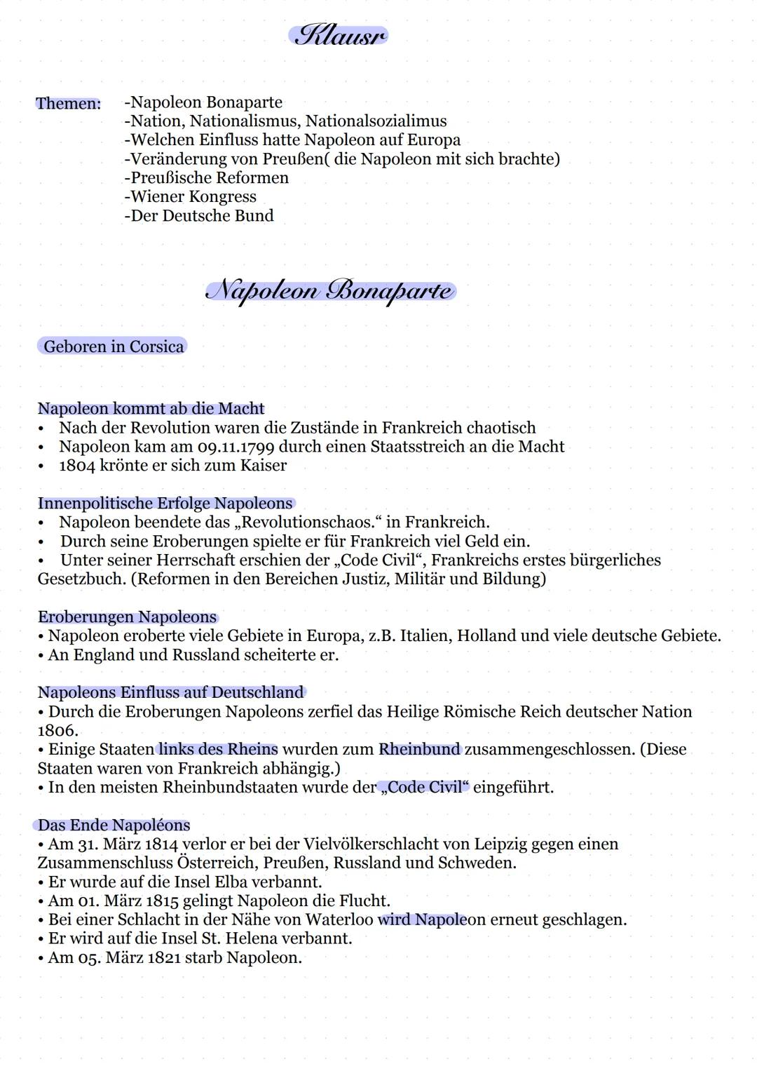 Themen:
Klausr
-Napoleon Bonaparte
-Nation, Nationalismus, Nationalsozialimus
-Welchen Einfluss hatte Napoleon auf Europa
-Veränderung von P