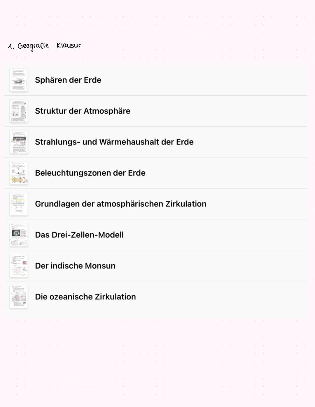 1. Geografie Klausur
Sphären der Erde
Struktur der Atmosphäre
Strahlungs- und Wärmehaushalt der Erde
Beleuchtungszonen der Erde
Grundlagen d