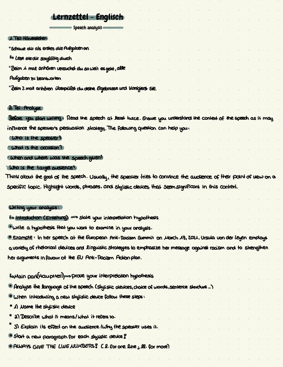 Lernzettel Englisch - Speech Analysis & most important stylistic devices