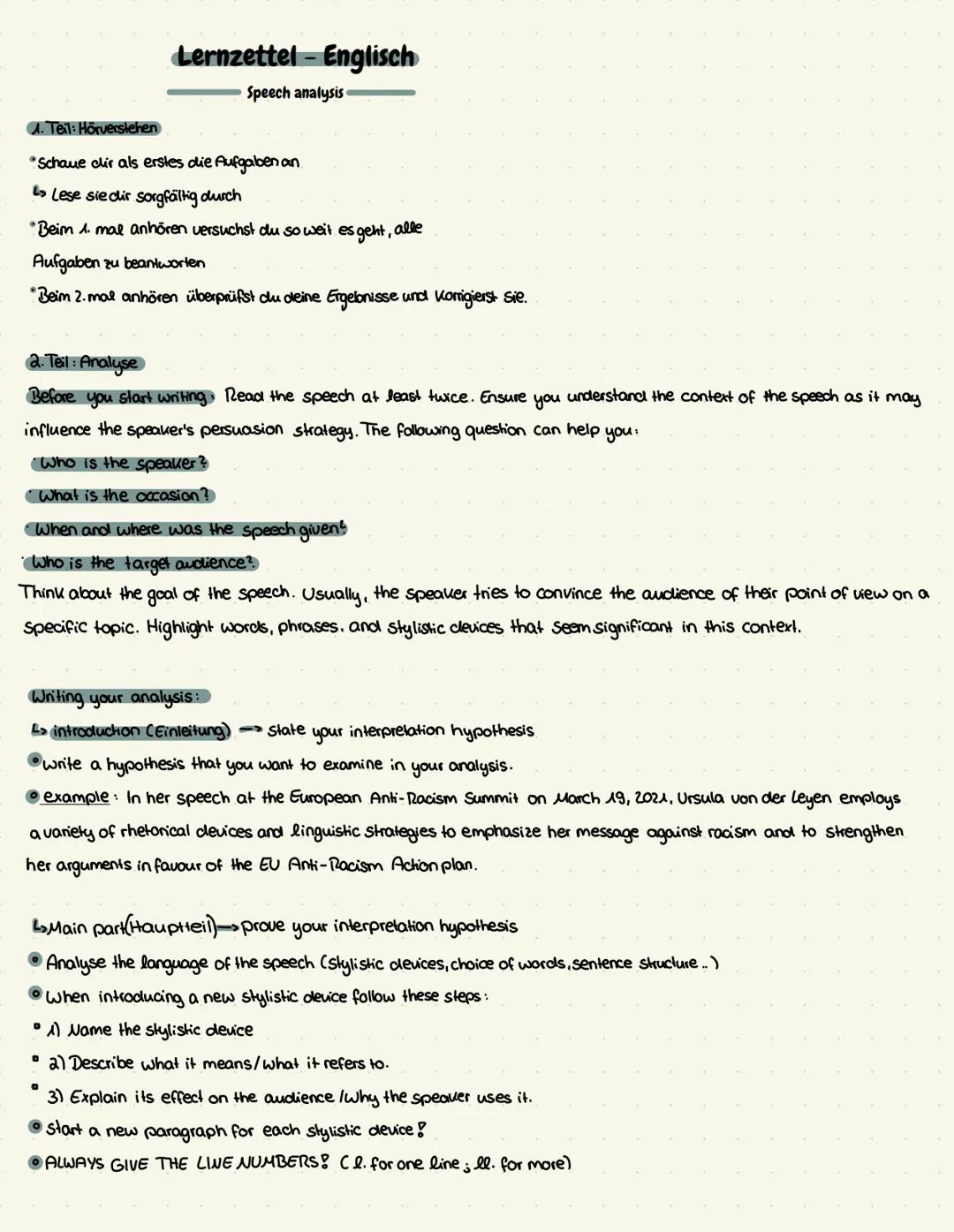Lernzettel-Englisch
Speech analysis
1. Teil: Hörverstehen
⚫Schaue clir als erstes die Aufgaben an.
Lese sie dir sorgfältig durch
*Beim 1. ma