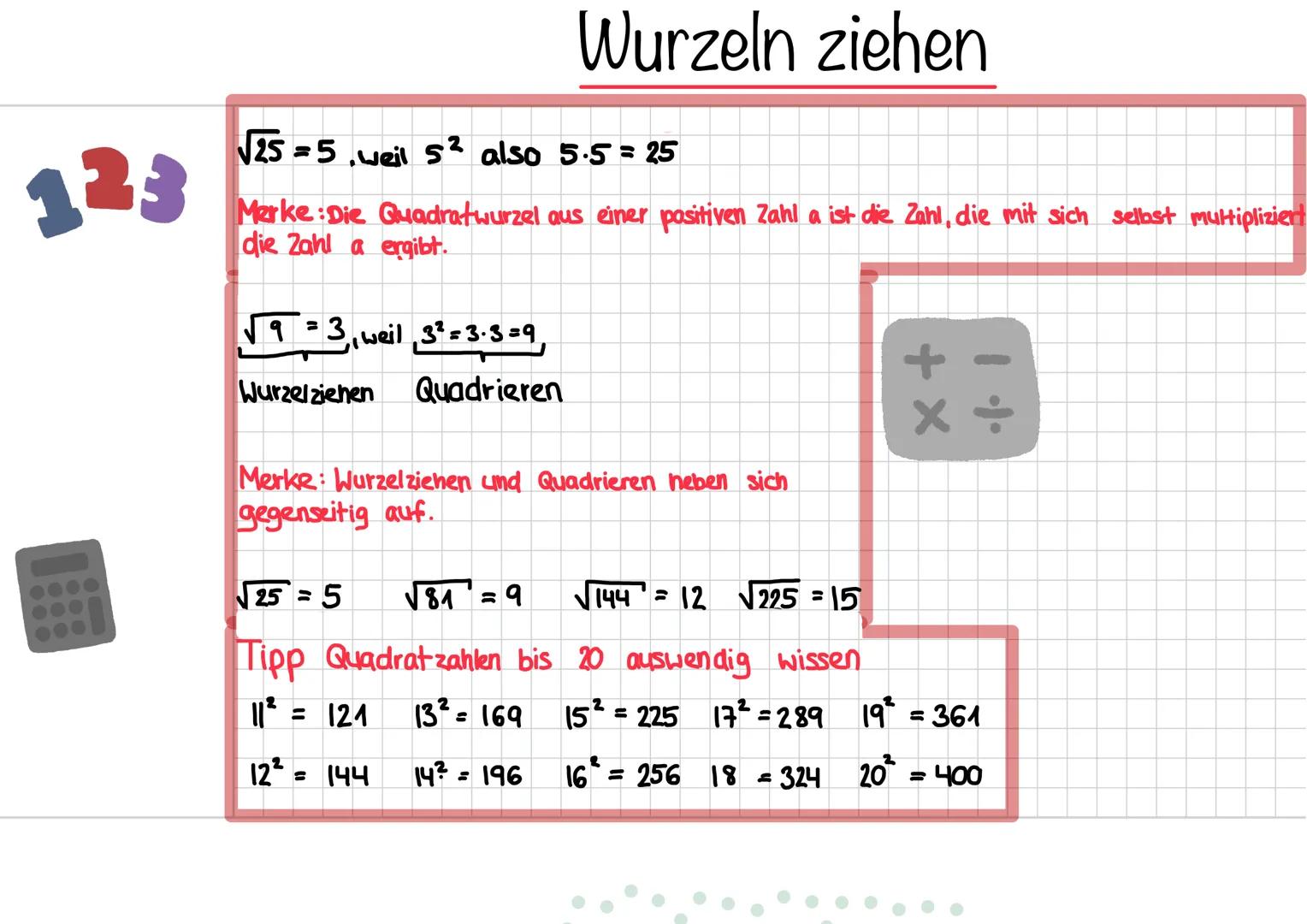 123
Wurzeln ziehen
√√25=5, weil 52 also 5.5 = 25
Merke: Die Quadratwurzel aus einer positiven Zahl a ist die Zahl, die mit sich selbst multi