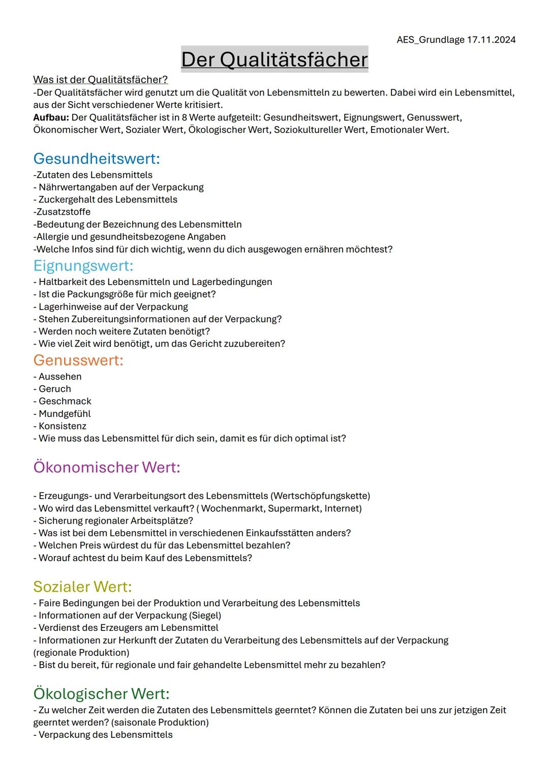 AES_Grundlage 17.11.2024
# Der Qualitätsfächer
Was ist der Qualitätsfächer?
-Der Qualitätsfächer wird genutzt um die Qualität von Lebensmi