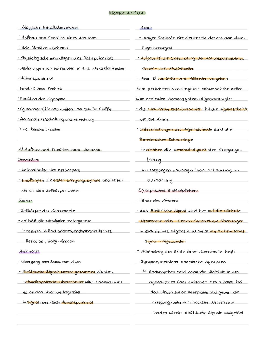 Mögliche Inhaltsbereiche:
• Aufbau und Function eines Neurons.
Reiz Reaktions-Schema
Klausur Nr. 1Q1
· Physiologische Grundlagen des Ruhepot