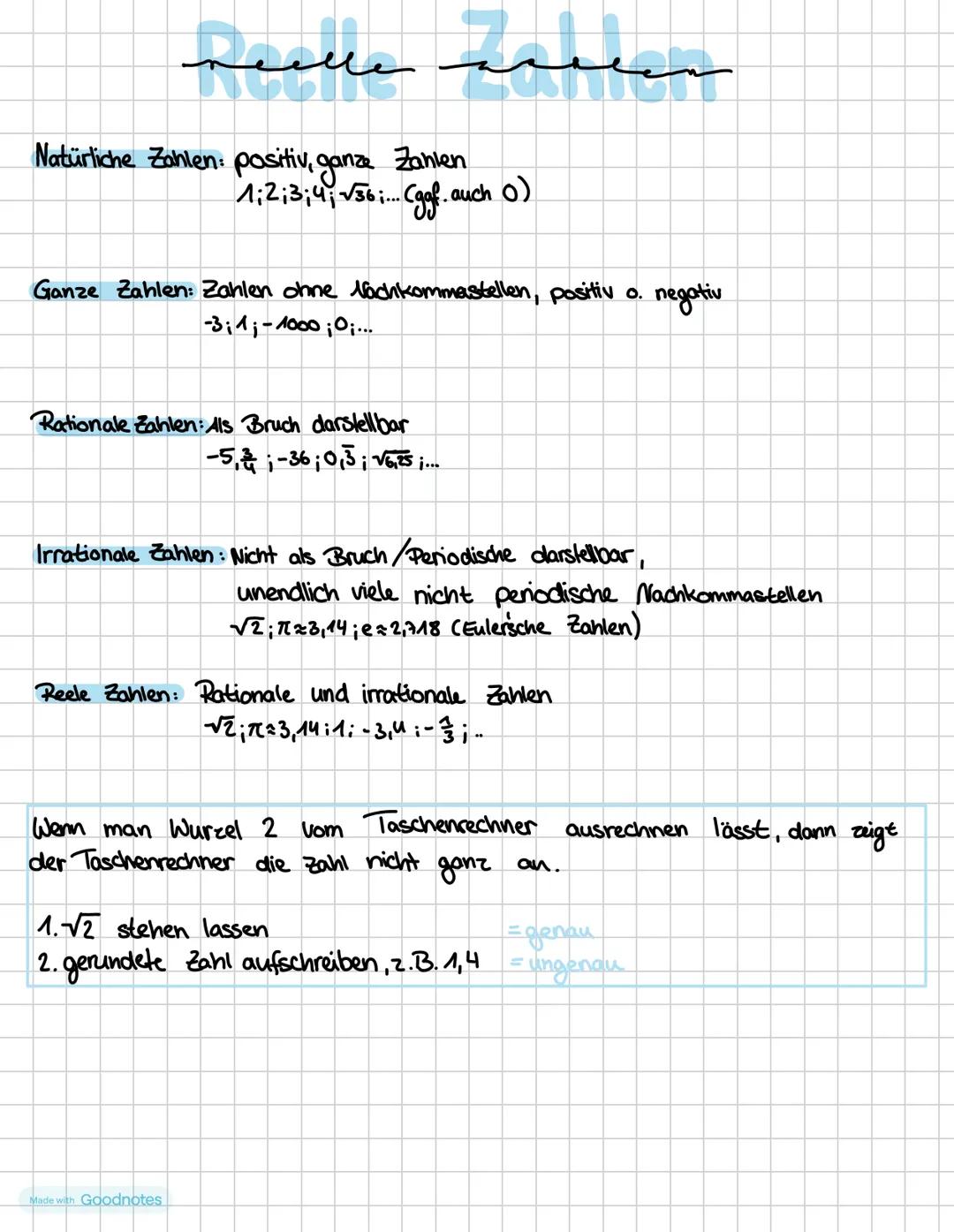 Natürliche Zahlen: positiv, ganze Zahlen
1;2;3;4;$\sqrt{36}$... (ggf. auch 0)
Ganze Zahlen: Zahlen ohne Nachkommastellen, positiv o. negati