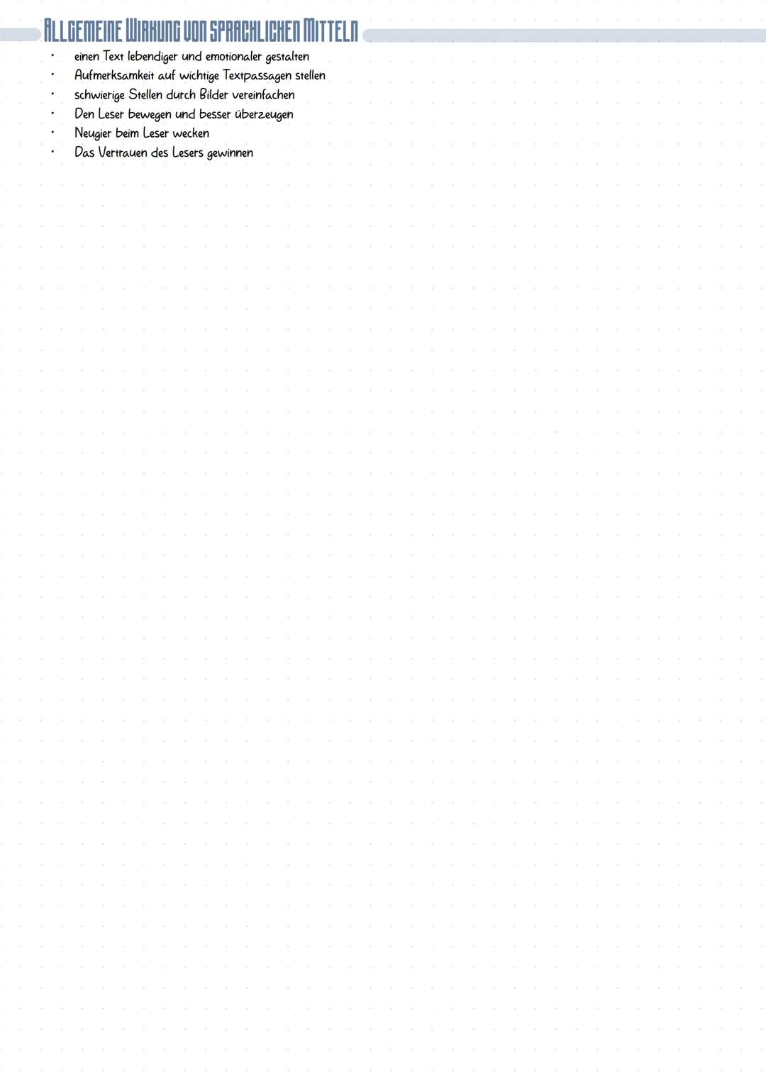 Sprachliche Mittel
STILMITTEL
Akkumulation
Alliteration
Allegorie
Allusion
Anakoluth
ERKLI
Reihung von Begriffen zu einem Oberbegriff
mind.