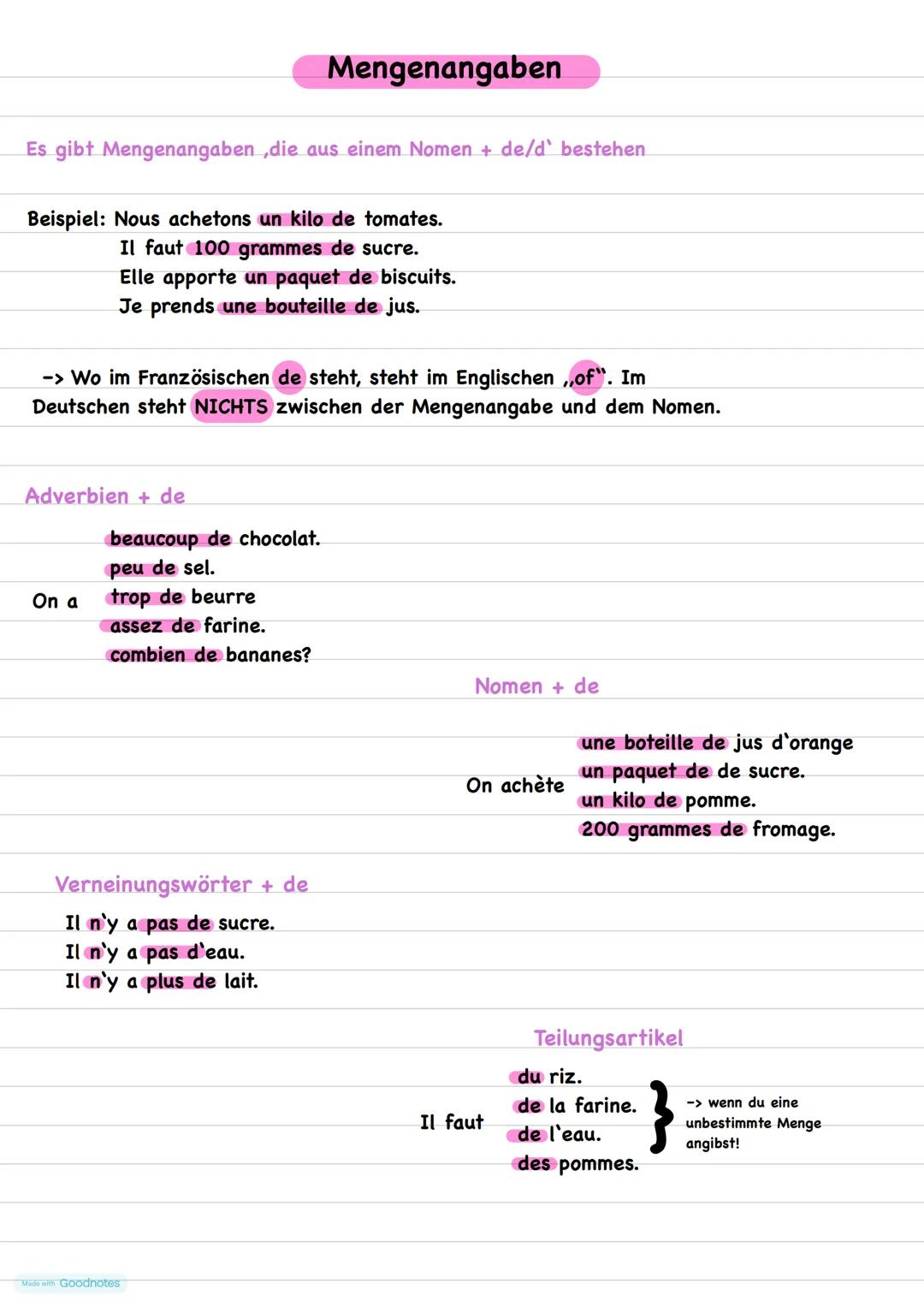 Mengenangaben
Es gibt Mengenangaben, die aus einem Nomen + de/d' bestehen
Beispiel: Nous achetons un kilo de tomates.
Il faut 100 grammes de