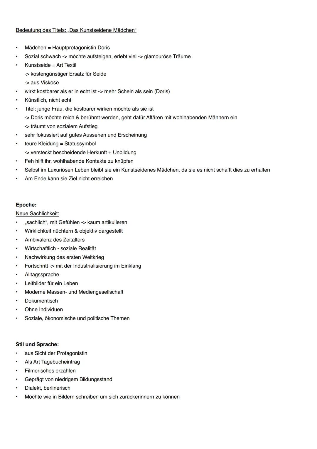 Das Kunstseidene Mädchen:
Inhaltliche Zusammenfassung:
ERSTER TEIL (Ende des Sommers und die mittlere Stadt):
spielt in 1931/1932,
Hauptfigu