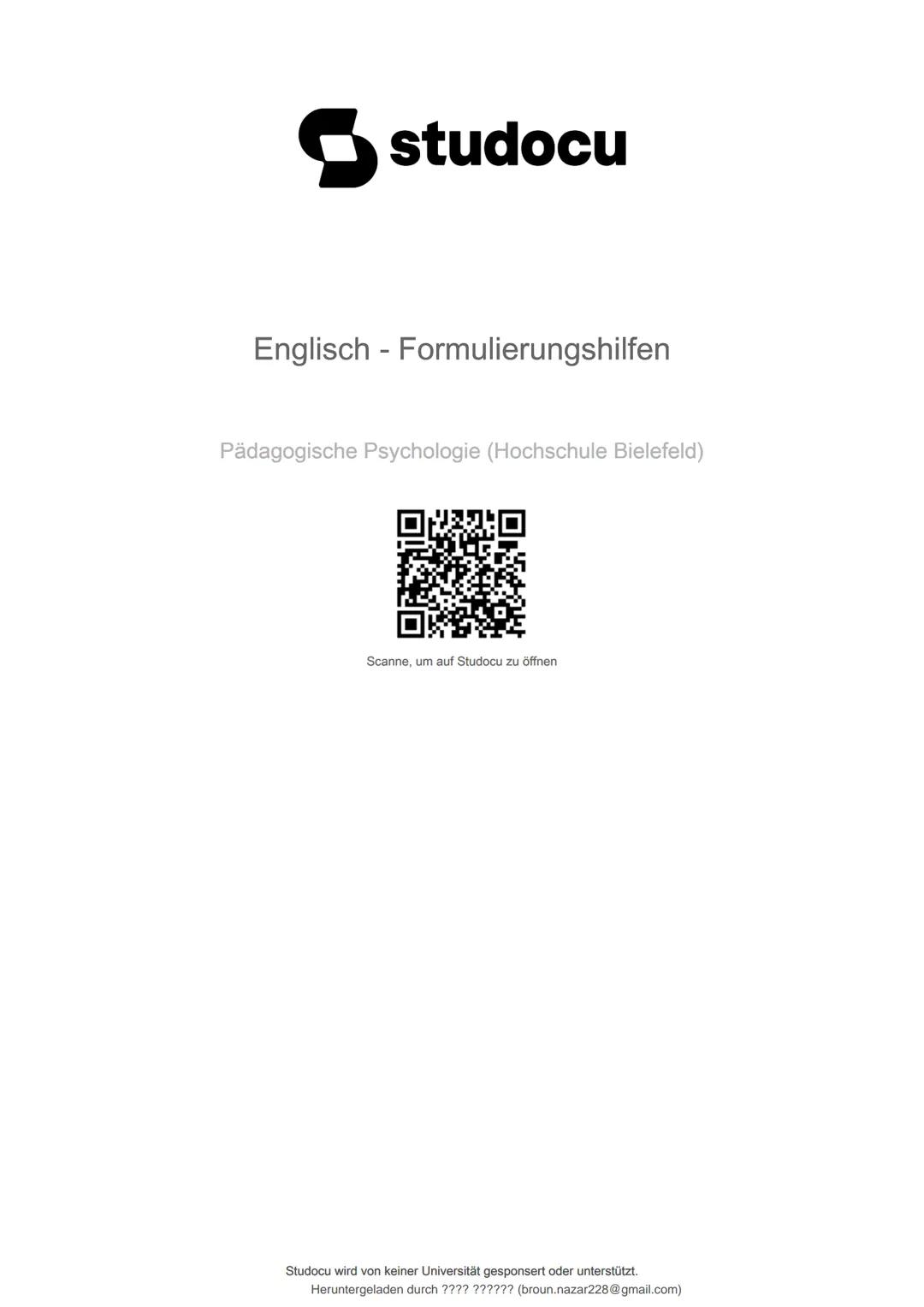◉studocu
-
Englisch Formulierungshilfen
Pädagogische Psychologie (Hochschule Bielefeld)
Scanne, um auf Studocu zu öffnen
Studocu wird von ke