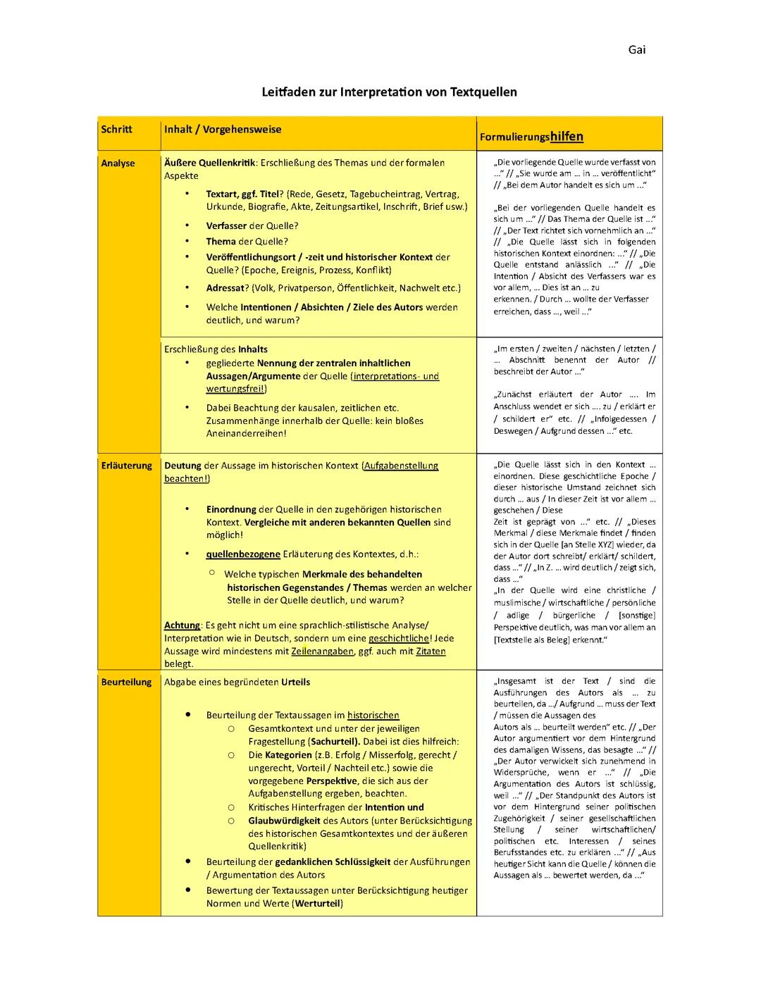 Geschichte Leitfaden zu Interpretation von Textquellen