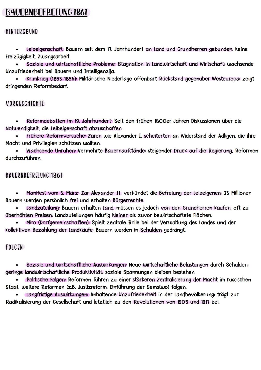 BAUERNBEFREIUNG 1861
HINTERGRUND
Leibeigenschaft: Bauern seit dem 17. Jahrhundert an Land und Grundherren gebunden; keine
Freizügigkeit, Zwa