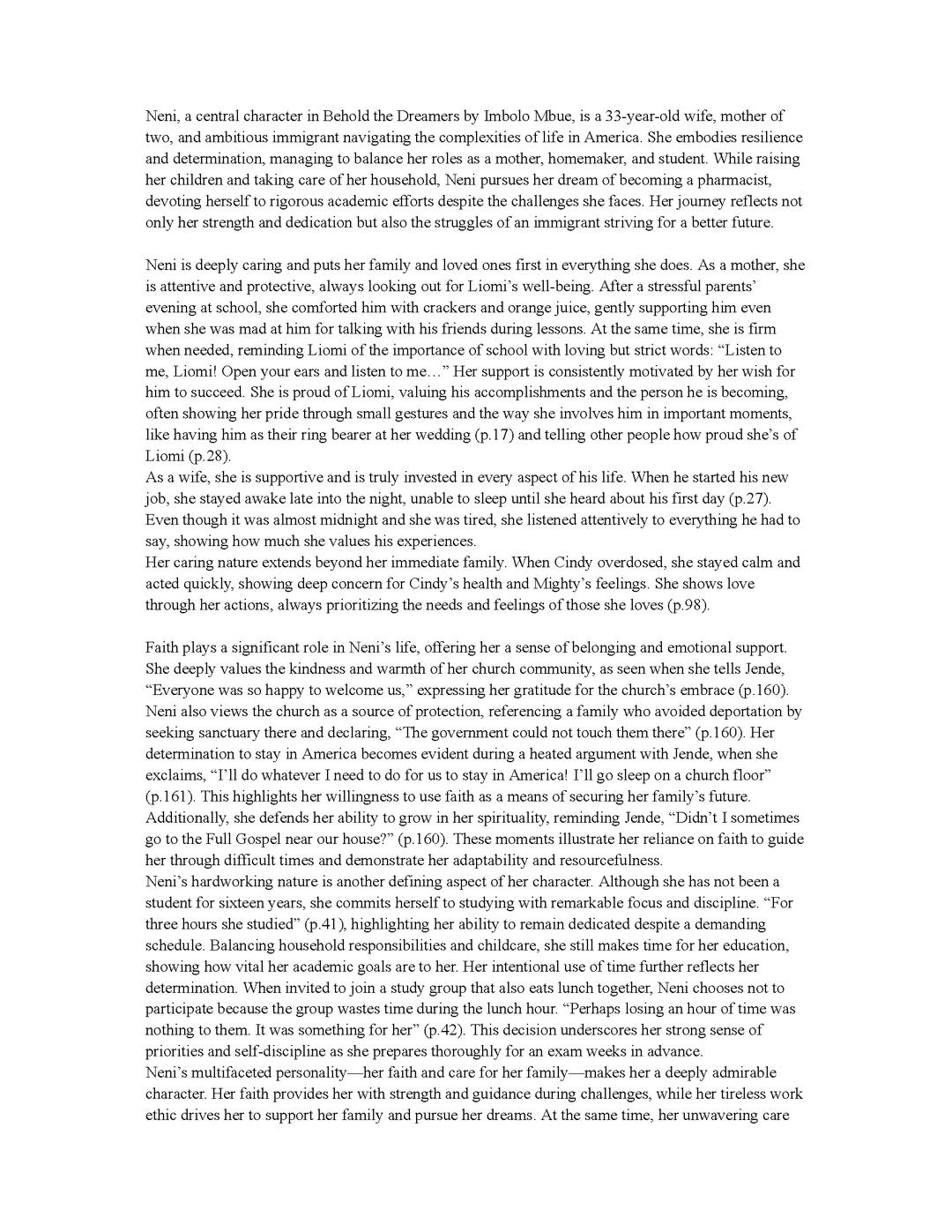 Behold the Dreamers | Neni Jonga Characterisation