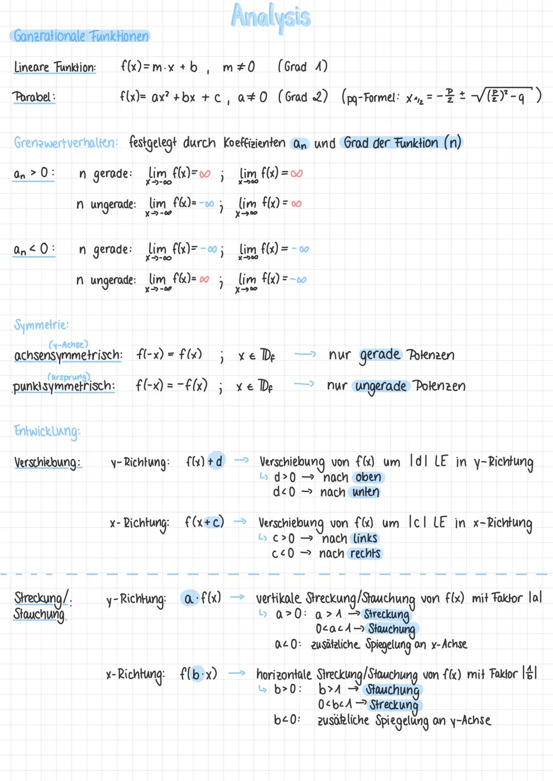 # Ganzrationale Funktionen
Lineare Funktion: $f(x)=m·x+b$, $m≠0$ (Grad 1)
Parabel: $f(x)= ax² + bx + c$, $a≠0$ (Grad 2) (pq-Formel: $x_{1/